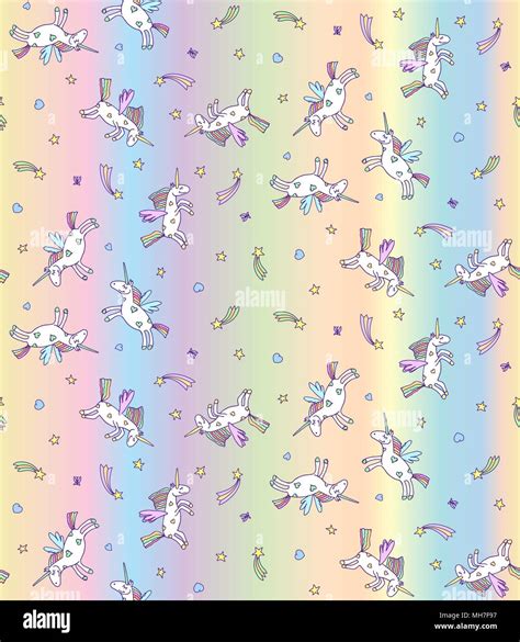 Vector Illustration Of Seamless Pattern From Unicorns On Pastel Rainbow