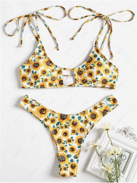 Tie Shoulder Sunflower Thong Bikini White Bikinis L Zaful