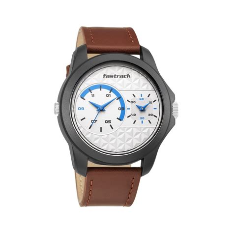 Buy Online Fastrack Dual Time Quartz Analog White Dial Leather Strap