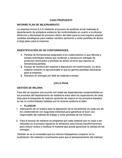 Informe DE PLAN DE Mejoramiento CASO PROPUESTO INFORME PLAN DE