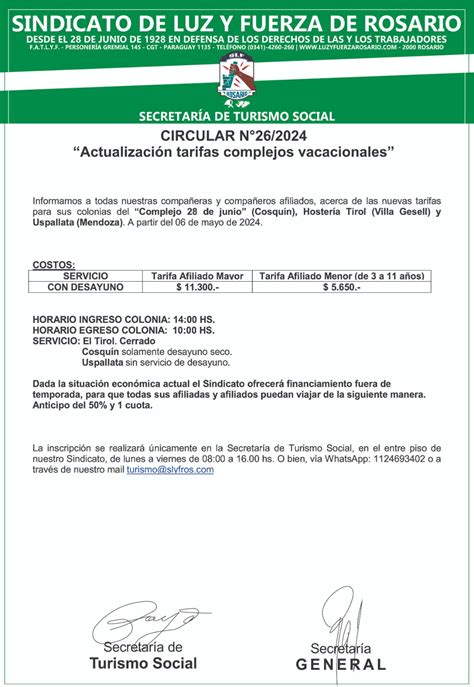 Circular N Actualizaci N Tarifas Complejos Vacacionales