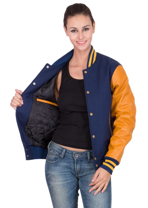 Light Gold Leather Sleeves And Royal Blue Wool Body Varsity Jacket Women Caliber Apparels