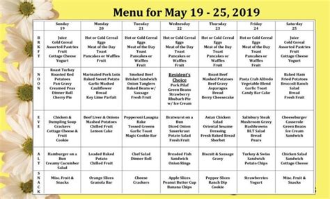Assisted Living Weekly Menu Template