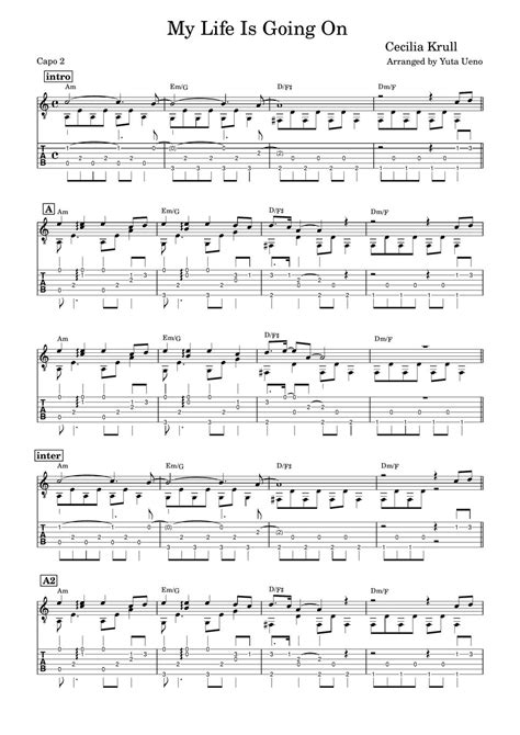 Cecilia Krull My Life Is Going On Fingerstyle Tab Staff By Yuta Ueno