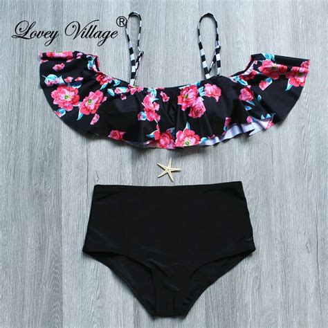 Buy Sexy Female Ruffle Bandeau Brazilian Bikini 2017 Retro High Waist Swimsuit