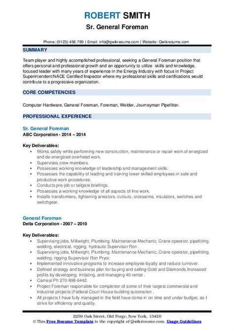 General Foreman Resume Samples | QwikResume