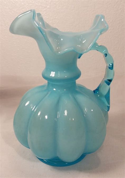 Vintage Fenton Blue Ruffled Edge Melon Art Glass Pitcher Handled Bottle Fenton