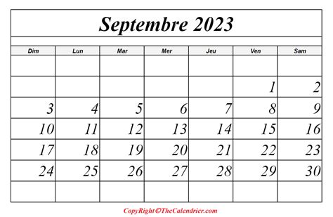 Calendrier Septembre 2023 à Imprimable The Calendrier