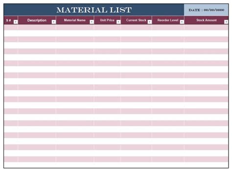 Material List Template Free Word Templates