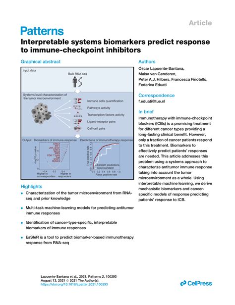 Pdf Interpretable Systems Biomarkers Predict Response To Immune