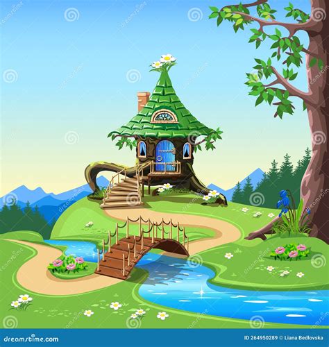 Fairy Tale House In An Old Stump With A Green Roof Stock Vector