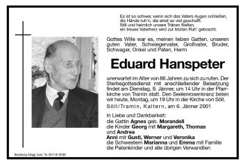 Traueranzeigen Von Eduard Hanspeter Trauer Bz