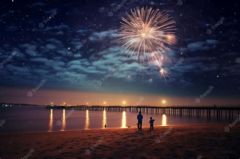 Premium AI Image | Fireworks on the beach at night with a man and a child on the beach watching