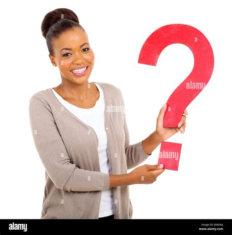 Happy Afro American Woman Holding Question Mark Stock Photo Alamy