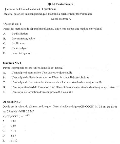 Qcm Entra Nement Qcm D Entra Nement Questions De Chimie G N Rale