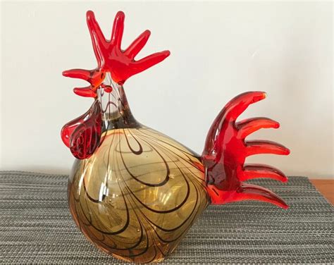 Murano Style Glass Rooster Red Tail Feathers And Head Detailing Brown On Amber Swirl Design Body