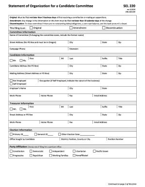 Fillable Online SEL 220 Statement Of Organization For A Candidate