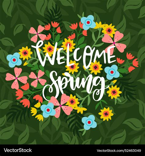 Welcome Spring Lettering With Colorful Flowers Vector Image