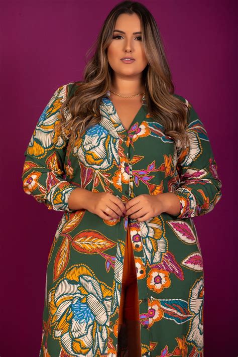 Vestido Midi Plus Size Em Viscose Estampada Verde Vk Moda Plus Size