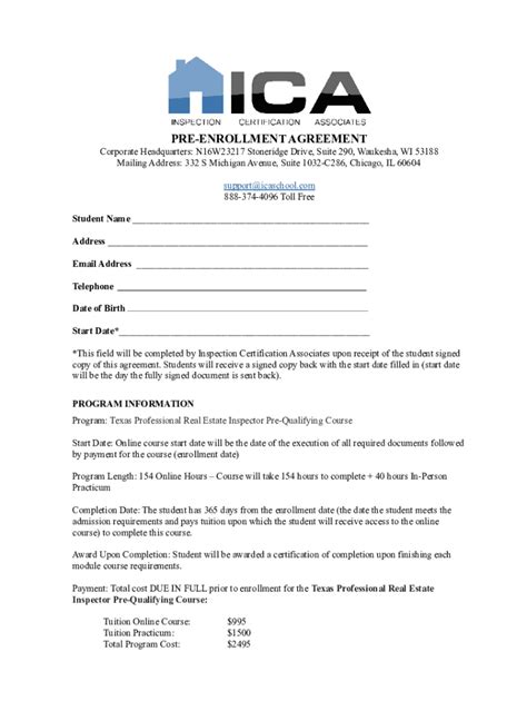 Fillable Online Ica Enrollment Agreement Tx Docx Fax Email Print