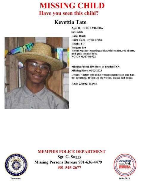 Memphis Police Dept On Twitter Have You Seen Kevettia Tate Report