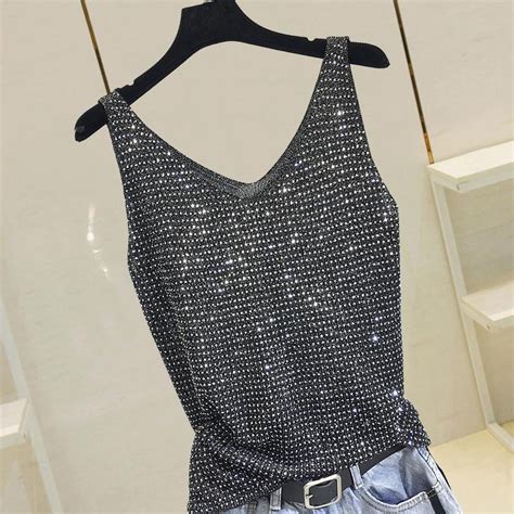 Camisola Solta Decote Em V Camisole Heavy Industrial Hot Rhinestone