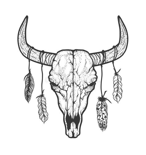 Bull Skull With Feathers Native Americans Tribal Style Tattoo Blackwork