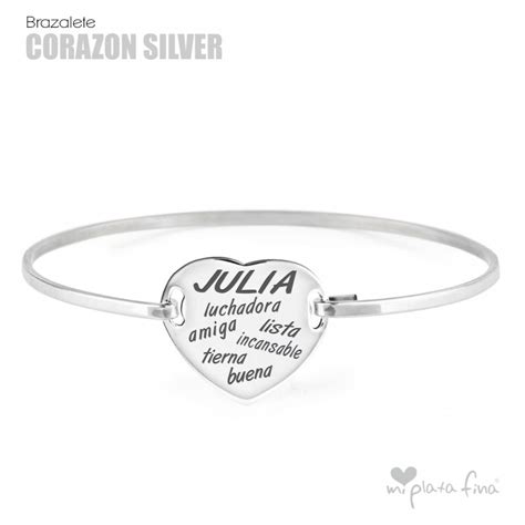 Brazalete Coraz N De Plata Con Grabado Personalizado Especial Mujer