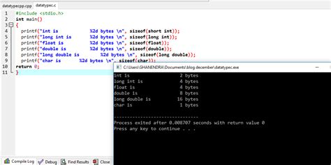 C Program To Display Size Of Different Datatype Programming With Basics