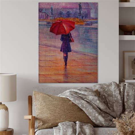 Winston Porter Woman Walking With Red Umbrella Under The Rain On Wood