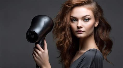 Premium AI Image A Woman Holds A Hair Dryer In Front Of A Grey