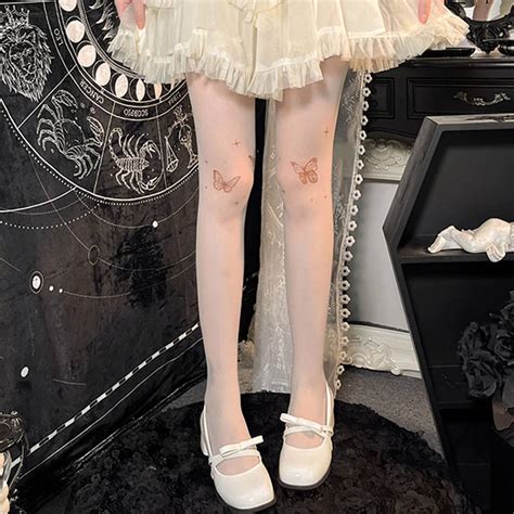 Butterfly Print Tattoo Tights Y2k Girls Lolita Kawaii Thigh High Stockings Women Lingerie Sexy