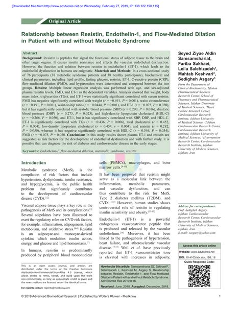 Pdf Relationship Between Resistin Endothelin And Flow Mediated