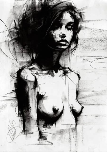 Nude Female Original Drawing Charcoal Fine Art Naked Woman Ooak Vin