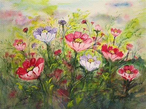 Flower Field Watercolor Print Watercolor Flowers Flower Etsy