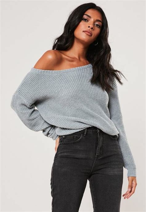 Grey Off Shoulder Knitted Jumper Missguided