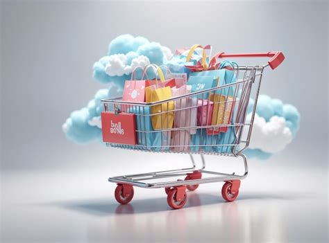 Premium AI Image Seamless Shopping 3D Shopping Cart With Cloud For