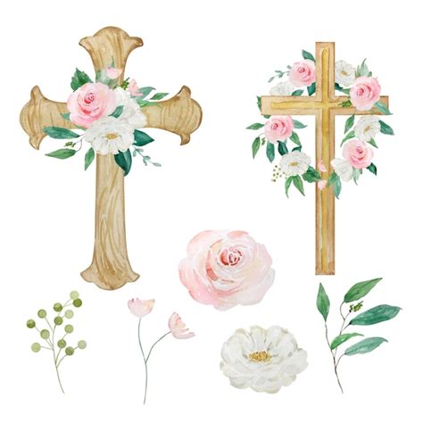 Cruces de acuarela decoradas con flores Símbolo religioso de Pascua