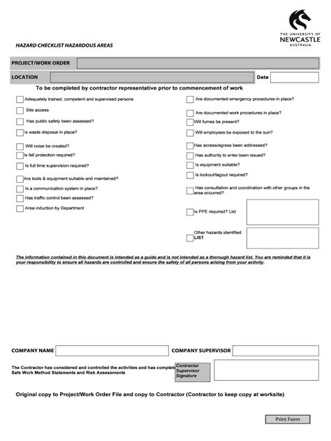 Fillable Online Newcastle Edu Hazard Checklist Hazardous Areas Fax