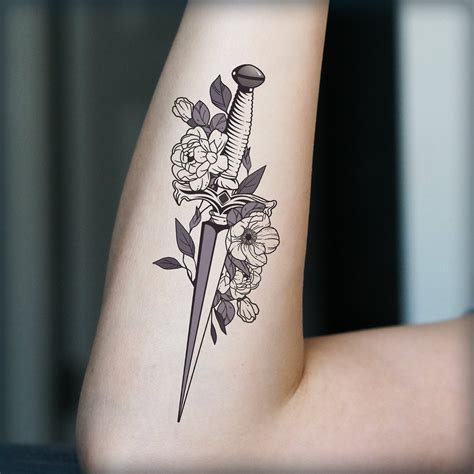 Temporary Tattoo Dagger Floral Tattoo Feminine Tattoo Etsy