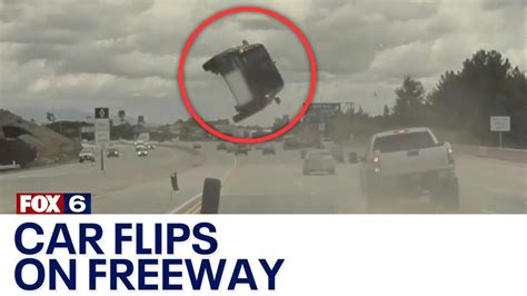 Car Goes Airborne Flips On Los Angeles Freeway After Hitting Tire