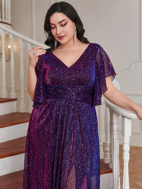 Plus Butterfly Sleeve Split Thigh Sequin Formal Dress SHEIN USA