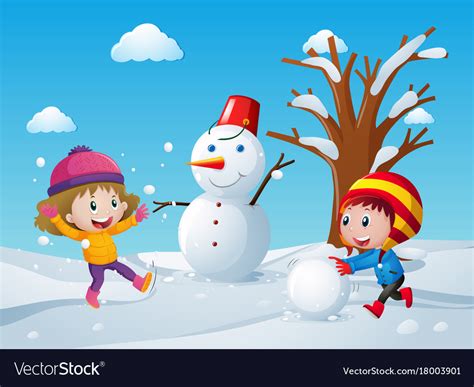 Two children making snowman in the field Vector Image