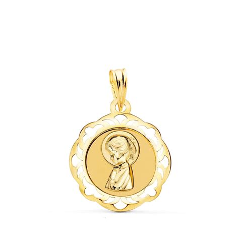 Medalla Comunión Virgen Niña 20 x 18 mm en Oro Amarillo 18 Quilates