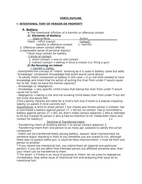 Torts Outline For Torts I Torts Outline I Intentional Tort Of Person