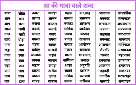 Aa Ki Matra Ke Shabd Aa Ki Matra Ke Shabd In Hind Eroppa