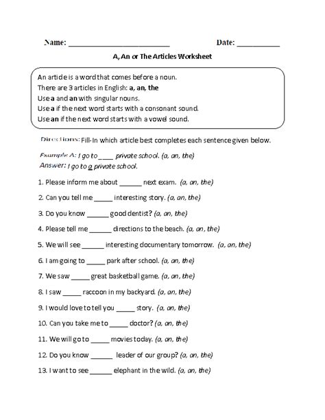 Articles In English Grammar Worksheet Class 4