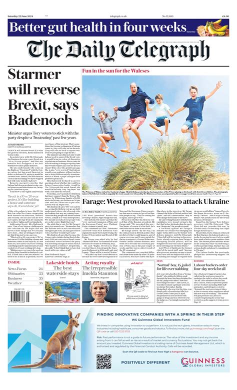 Daily Telegraph Front Page 22nd Of June 2024 Tomorrows Papers Today