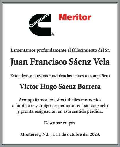 Sr Juan Francisco Sáenz Vela Obituario Esquela