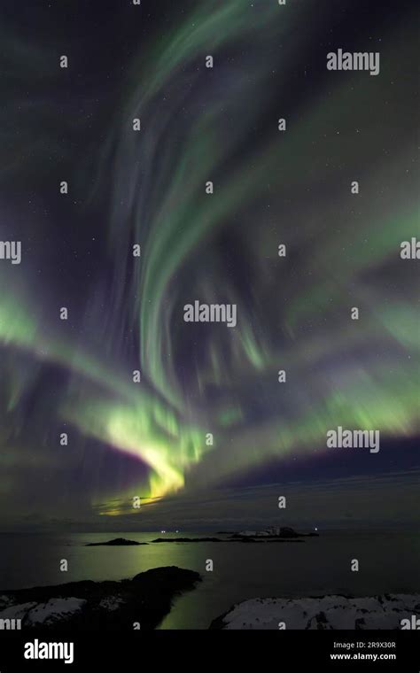 Northern Lights (Aurora borealis) in green and pink over the North Sea ...